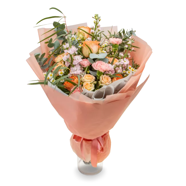 kytice růží, karafiátu a matthiol